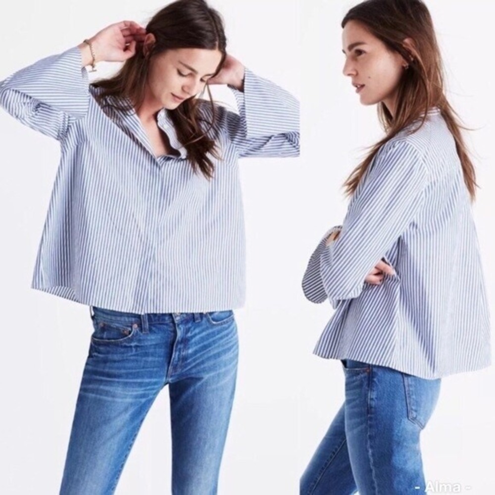 Madewell Top Bell Sleeve Pinstripe M Blue White Band Collar Cotton Blouse